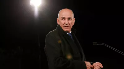 FILE PHOTO: President of the Slovenian Democratic Party (SDS) Janez Jansa delivers a statement after the polls closed on the day of the parliamentary elections in Ljubljana, Slovenia, March 22, 2026. REUTERS/Borut Zivulovic/File Photo