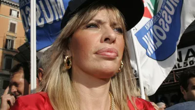 Far-right Azione Sociale party leader Alessandra Mussolini, granddaughter of Italy's wartime Fascist dictator Benito Mussolini, participates in a demonstration organized by the right-wing National Alliance (Alleanza Nazionale) party against Italian Premier Romano Prodi's government, in Rome, Saturday, Oct. 13, 2007. (AP Photo/Pier Paolo Cito)