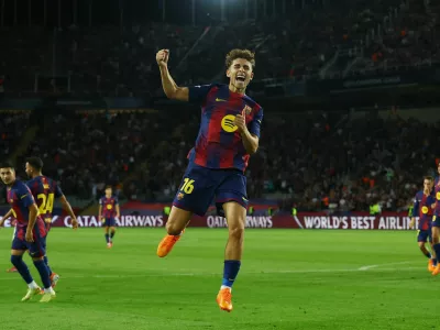 Soccer Football - UEFA Champions League - FC Barcelona v Olympiacos - Estadi Lluis Olimpic Companys, Barcelona, Spain - October 21, 2025 FC Barcelona's Fermin Lopez celebrates scoring their fifth goal REUTERS/Albert Gea