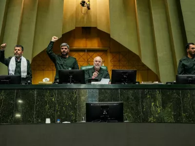 Iranian Parliament Speaker Mohammad-Bagher Ghalibaf looks on as parliament members chant in support of the IRGC while wearing military uniforms in Tehran, Iran, February 1, 2026. Hamed Malekpour/Islamic consultative assembly news agency/WANA (West Asia News Agency)/Handout via REUTERS ATTENTION EDITORS - THIS PICTURE WAS PROVIDED BY A THIRD PARTY.