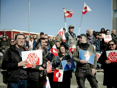 People protest the new U.S. consulate in Nuuk, Greenland, Thursday, May 21, 2026. (Oscar Scott Carl/Ritzau Scanpix via AP)