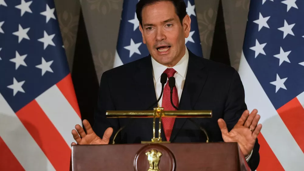 United States Secretary of State Marco Rubio speaks during a joint press conference with India's Minister of External Affairs S. Jaishankar following their talks in New Delhi, India, Sunday, May 24, 2026. (AP Photo/Manish Swarup)
