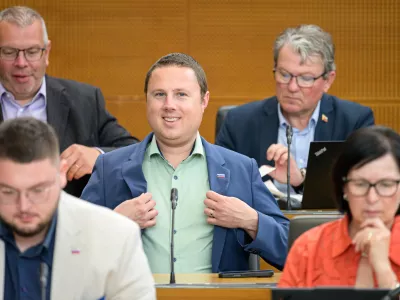 Ljubljana, DZ.Izredna seja DZ, na kateri so med drugim obravnavali predlog sklepa o razpisu zakonodajnega referenduma o zakonu o interventnih ukrepih za razvoj Slovenije.Poslanec SDS Zan Mahnic.
