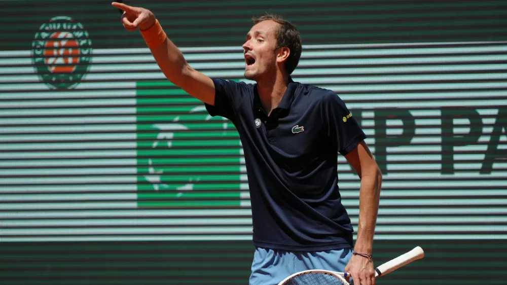 Daniil Medvedev of Russia reacts as he plays against Adam Walton of Australia during their first round men's singles tennis match at the French Open tennis tournament in Paris, Tuesday, May 26, 2026. (AP Photo/Aurelien Morissard)
