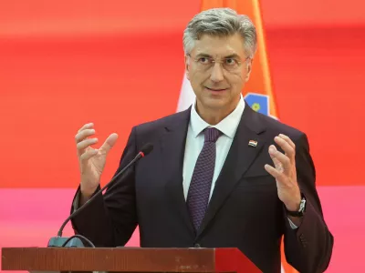 Croatian Prime Minister Andrej Plenkovic speaks during a press conference with Prime Minister of North Macedonia, Hristijan Mickoski (not pictured), in Ohrid, North Macedonia, May 26, 2026. REUTERS/Ognen Teofilovski