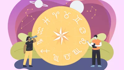 Tiny people, set of zodiac signs and star constellations with planets in sky. Male and female characters casting horoscope learning from nature flat vector illustration. Astronomy concept / Foto: Bro Vector Getty Images
