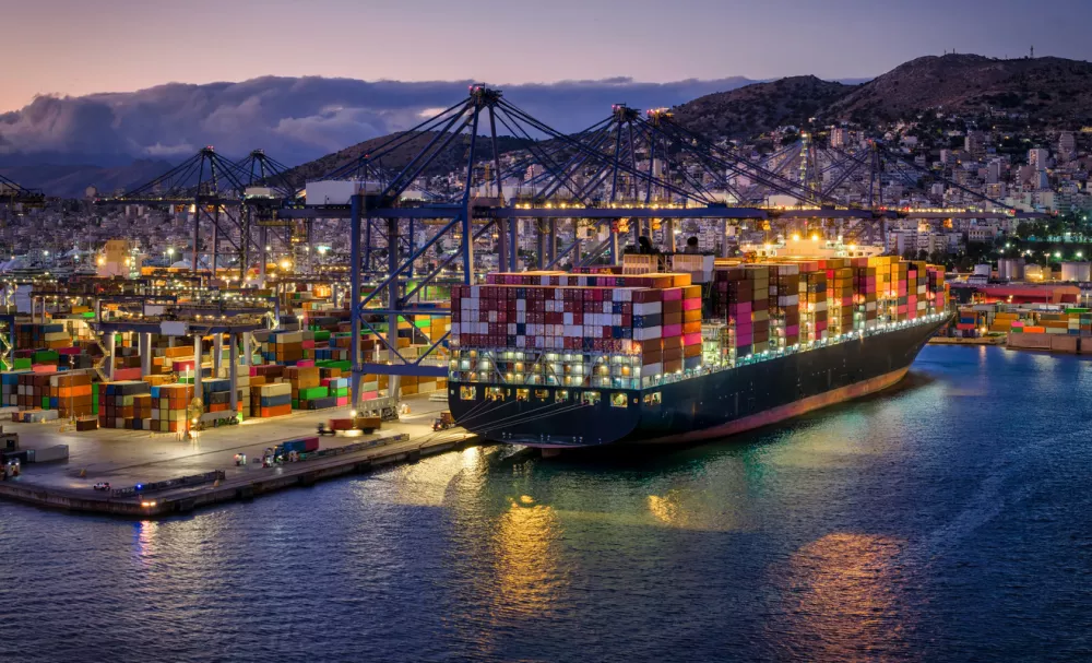A illuminated, large container super cargo ship is being unloaded and loaded by cranes and trucks in a commercial terminal during evening / Foto: Shansche Getty Images