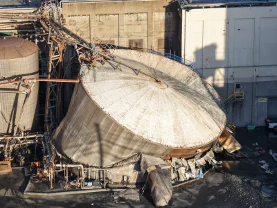 Damage is seen at Nippon Dynawave Packaging Co., after a tank containing hazardous liquid imploded, on Tuesday, May 26, 2026, in Longview, Wash. (Karen Ducey/The Seattle Times via AP)