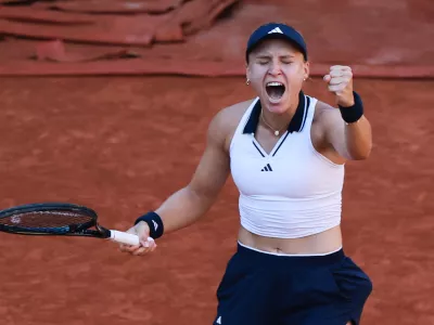 Tennis - French Open - Roland Garros, Paris, France - May 27, 2026 Ukraine's Yuliia Starodubtseva celebrates winning her second round match against Kazakhstan's Elena Rybakina REUTERS/Stephanie Lecocq