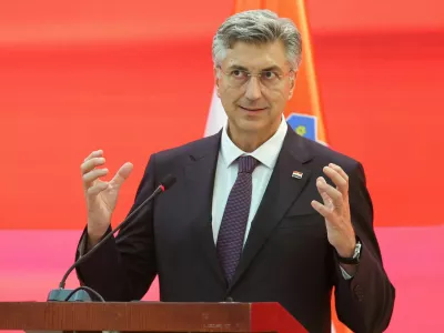Croatian Prime Minister Andrej Plenkovic speaks during a press conference with Prime Minister of North Macedonia, Hristijan Mickoski (not pictured), in Ohrid, North Macedonia, May 26, 2026. REUTERS/Ognen Teofilovski