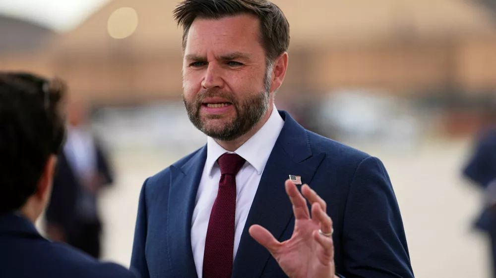 U.S. Vice President JD Vance speaks with the media as he arrives at Joint Base Andrews, Maryland, U.S., May 28, 2026. Matt Rourke/Pool via REUTERS
