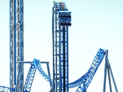 Eight students were rescued by the Galveston Fire Department after being stranded for hours on the Iron Shark ride at Pleasure Pier on Thursday night. The ride remained stuck in place until Friday afternoon, May 29, 2026. (Jill Karnicki/Houston Chronicle via AP)