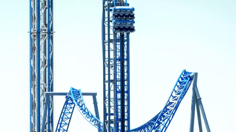 Eight students were rescued by the Galveston Fire Department after being stranded for hours on the Iron Shark ride at Pleasure Pier on Thursday night. The ride remained stuck in place until Friday afternoon, May 29, 2026. (Jill Karnicki/Houston Chronicle via AP)