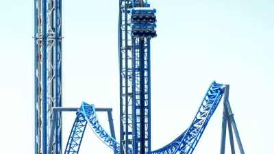 Eight students were rescued by the Galveston Fire Department after being stranded for hours on the Iron Shark ride at Pleasure Pier on Thursday night. The ride remained stuck in place until Friday afternoon, May 29, 2026. (Jill Karnicki/Houston Chronicle via AP)