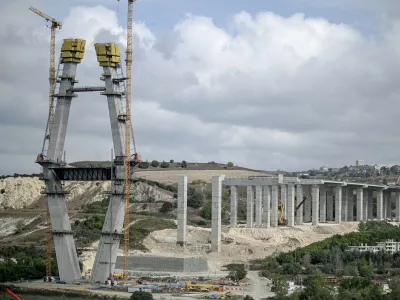 This photograph shows the under-construction Sazlidere Bridge over the planned route of canal Istanbul in Istanbul on October 2, 2025. The project, first announced by then-premier, now Turkish President, in 2011, sought to build a waterway linking the Black Sea and the Sea of Marmara in order to ease congestion on the Bosphorus Strait.,Image: 1044164178, License: Rights-managed, Restrictions: TO GO WITH AFP STORY BY FULYA OZERKAN, Model Release: no 