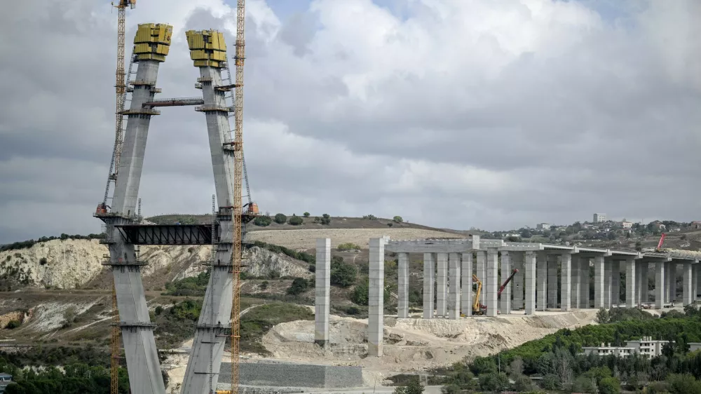 This photograph shows the under-construction Sazlidere Bridge over the planned route of canal Istanbul in Istanbul on October 2, 2025. The project, first announced by then-premier, now Turkish President, in 2011, sought to build a waterway linking the Black Sea and the Sea of Marmara in order to ease congestion on the Bosphorus Strait.,Image: 1044164178, License: Rights-managed, Restrictions: TO GO WITH AFP STORY BY FULYA OZERKAN, Model Release: no 