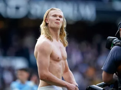 Manchester City's Erling Haaland reacts at the end of the English Premier League soccer match between Manchester City and and Arsenal, in Manchester, England, Sunday, April 19, 2026. (AP Photo/Dave Thompson)
