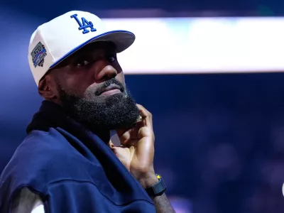 Los Angeles Lakers' Lebron James stands on the court before an NBA basketball preseason game against the Golden State Warriors, Sunday, Oct. 5, 2025, in San Francisco. (AP Photo/Godofredo A. V&aacute;squez)