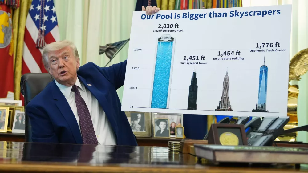 President Donald Trump holds a poster of the Lincoln Memorial Reflecting Pool, left, as he speaks in the Oval Office of the White House, Wednesday, June 3, 2026, in Washington. (AP Photo/Alex Brandon)