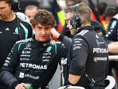 Mercedes driver Andrea Kimi Antonelli, of Italy, stands at the pit after the red flag during the Formula One Monaco Grand Prix race at the Monaco racetrack, Sunday, June 7, 2026. (Yves Herman, Pool Photo via AP)