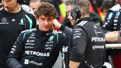 Mercedes driver Andrea Kimi Antonelli, of Italy, stands at the pit after the red flag during the Formula One Monaco Grand Prix race at the Monaco racetrack, Sunday, June 7, 2026. (Yves Herman, Pool Photo via AP)