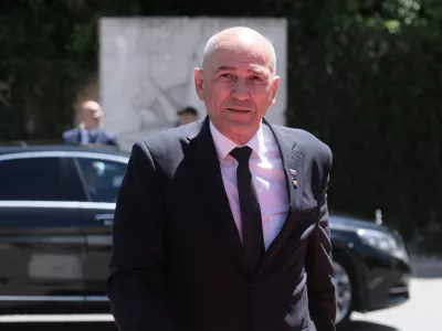 Slovenia's Prime Minister Janez Jansa arrives to attend the EU-Western Balkans summit in Tivat, Montenegro, Friday, June 5, 2026. (AP Photo/Risto Bozovic)