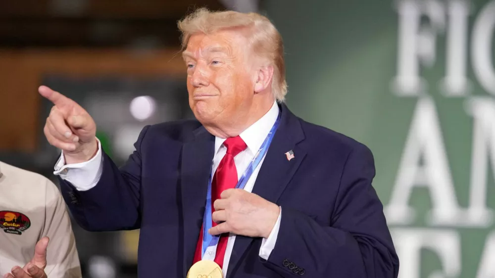 U.S. President Donald Trump gestures as he attends an event at Custer Farms in Chippewa Falls, Wisconsin, U.S., June 5, 2026. REUTERS/Nathan Howard