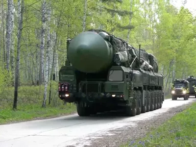 Russia's mobile strategic missile system unit drives during a nuclear forces exercise at an unidentified location in Russia, in this still image taken from handout footage released on May 21, 2026. Russian Defence Ministry/Handout via REUTERS ATTENTION EDITORS - THIS IMAGE WAS PROVIDED BY A THIRD PARTY. NO RESALES. NO ARCHIVES. MANDATORY CREDIT.