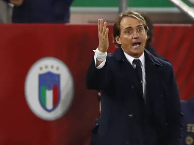 Soccer Football - World Cup - UEFA Qualifiers - Group C - Northern Ireland v Italy - Windsor Park, Belfast, Northern Ireland - November 15, 2021 Italy coach Roberto Mancini reacts Action Images via Reuters/Jason Cairnduff