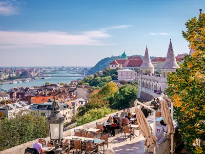 Budapest, Hungary - September 6 2018: Tourists enjoy a panoramic view of Budapest from Fisherman's Bastion.