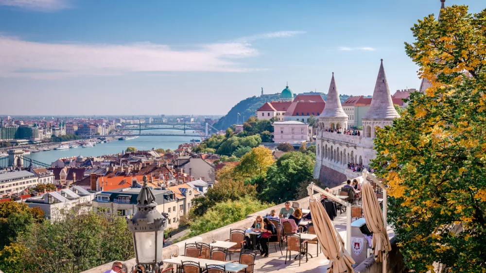 Budapest, Hungary - September 6 2018: Tourists enjoy a panoramic view of Budapest from Fisherman's Bastion.