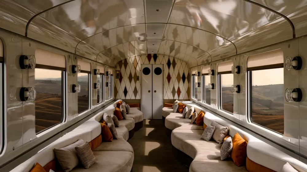 Orient ekspres Dolce Vita je sodoben vlak, a opremljen v slogu obdobja &raquo;dolce vita&laquo;: medeninasti detajli, lesene obloge, bogate tkanine in elegantno pohi&scaron;tvo &hellip; / Foto: Profimedia