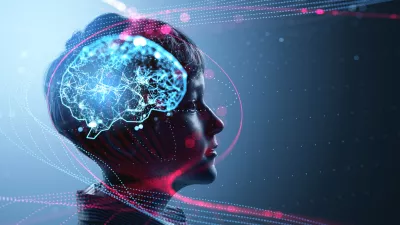 Young boy in profile with glowing digital brain network overlay, futuristic graphic style, dark blue background, concept of intelligence and learning / Foto: Ismagilov