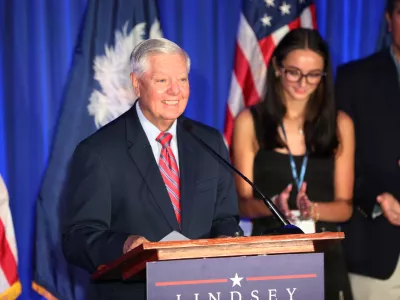 Republican U.S. Sen. Lindsey Graham speaks after winning the Republican primary on Tuesday, June 9, 2026, in Columbia, S.C. (AP Photo/Jeffrey Collins)