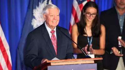 Republican U.S. Sen. Lindsey Graham speaks after winning the Republican primary on Tuesday, June 9, 2026, in Columbia, S.C. (AP Photo/Jeffrey Collins)