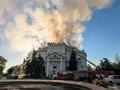 In this photo provided by Sevastopol mayor Mikhail Razvozhaev telegram channel on Wednesday, June 10, 2026, Firefighters put out a fire after a Ukrainian drone attack hit the building of "Defense of Sevastopol 1854&ndash;1855" Panorama in Sevastopol, Crimea. (Sevastopol mayor Mikhail Razvozhaev telegram channel via AP)