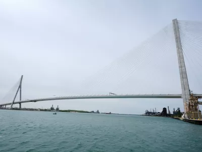 FILE - The Gordie Howe Bridge is shown under construction between Windsor, Ontario and Detroit, May 22, 2026. (AP Photo/Paul Sancya, File)