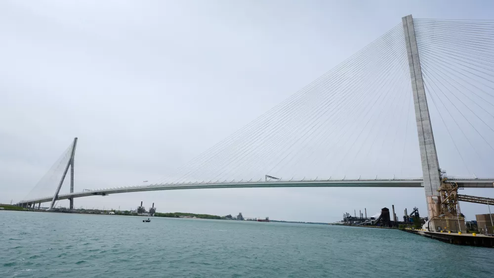 FILE - The Gordie Howe Bridge is shown under construction between Windsor, Ontario and Detroit, May 22, 2026. (AP Photo/Paul Sancya, File)