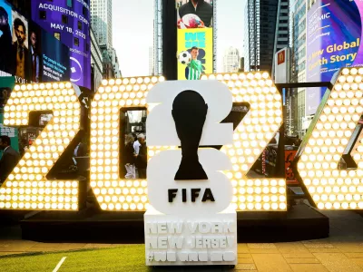 FILE PHOTO: The New York/New Jersey's FIFA World Cup 2026 logo is revealed during the kickoff event in Times Square in New York City, U.S., May 18, 2023. REUTERS/Brendan McDermid/File Photo