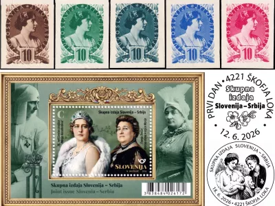 Osnutek za redno znamko avtorja Božidarja Jakca iz leta 1930, motiv kraljice Marije v več barvah, blok skupne izdaje Slovenije in Srbije ter žig prvega dne in priložnostni žig po&scaron;te 4421 &Scaron;kofja Loka.
