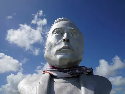 A bust of Elon Musk on the day of SpaceX's initial public offering (IPO), in Brownsville, Texas, U.S., June 12, 2026.  REUTERS/Gabriel V. Cardenas