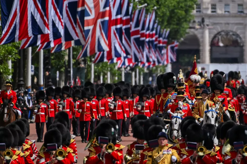 Members of the Household Division march along The Mall during the Trooping the Colour parade to honour Britain's King Charles, as part of the official birthday celebrations, in London, Britain, June 13, 2026. REUTERS/Chris J. Ratcliffe