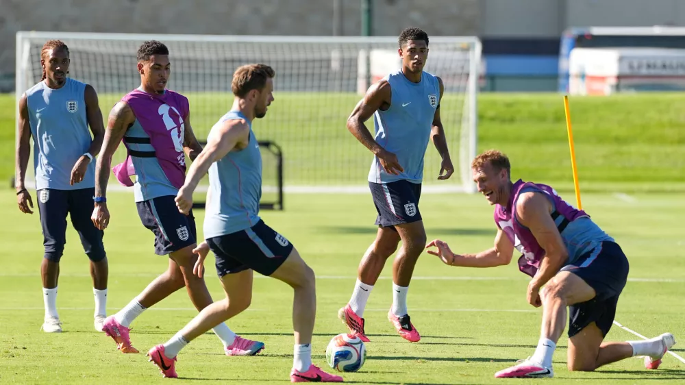 Members of the English national team practice for the World Cup soccer tournament in Kansas City, Mo., Saturday, June 13, 2026. (AP Photo/Charlie Riedel)