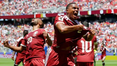 Soccer Football - FIFA World Cup 2026 - Group B - Qatar v Switzerland - San Francisco Bay Area Stadium, Santa Clara, California, U.S. - June 13, 2026 Qatar's Pedro Miguel celebrates after Boualem Khoukhi scored their first goal REUTERS/Carlos Barria   TPX IMAGES OF THE DAY
