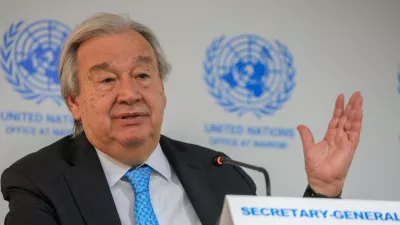 Secretary-General of the United Nations António Guterres talks to members of the press during a groundbreaking ceremony for the expansion of the UN headquarters in Nairobi, Monday, May 11, 2026. (AP Photo/Andrew Kasuku)