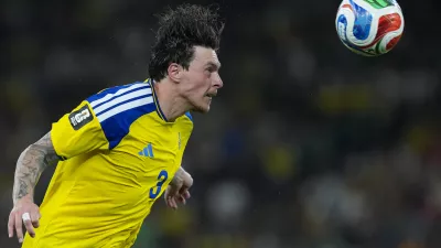 Sweden's Victor Lindelof (3) heads the ball during the World Cup Group F soccer match between Sweden and Tunisia in Guadalupe, near Monterrey, Mexico, Sunday, June 14, 2026. (AP Photo/Moises Castillo)