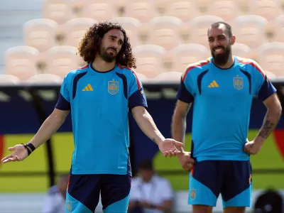 Soccer Football - FIFA World Cup 2026 - Spain Training - Kennesaw State University, Kennesaw, Georgia, U.S. - June 14, 2026 Spain's Marc Cucurella and Borja Iglesias during training IMAGN IMAGES via REUTERS/Jordan Godfree