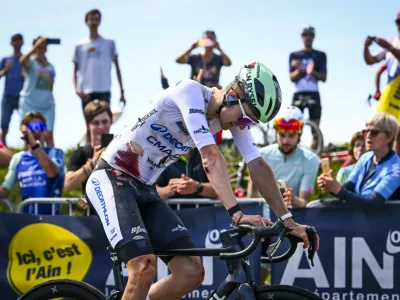 Tour Auvergne - Rhone-Alpes 2026 Stage 7 GRAND COLOMBIER, FRANCE - JUNE 13: Seixas Paul FRA of Decathlon CMA CGM Team after the stage 7 of the 78th edition of Tour Auvergne - Rhone-Alpes an UCI World Tour 2.UWT cycling road race stage for Men Elite of 133.6 km with start in La Bridoire and finish in Grand Colombier on June 13, 2026 in Grand Colombier, France, 13/06/2026 Motordriver Guy De Vuyst - Grand Colombier France Copyright: xVincentxKalutx,Image: 1109959557, License: Rights-managed, Restrictions: PUBLICATIONxNOTxINxFRAxBEL, Model Release: no 