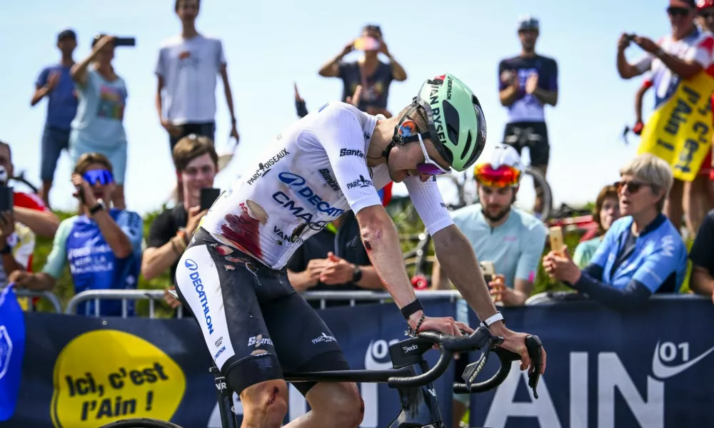 Tour Auvergne - Rhone-Alpes 2026 Stage 7 GRAND COLOMBIER, FRANCE - JUNE 13: Seixas Paul FRA of Decathlon CMA CGM Team after the stage 7 of the 78th edition of Tour Auvergne - Rhone-Alpes an UCI World Tour 2.UWT cycling road race stage for Men Elite of 133.6 km with start in La Bridoire and finish in Grand Colombier on June 13, 2026 in Grand Colombier, France, 13/06/2026 Motordriver Guy De Vuyst - Grand Colombier France Copyright: xVincentxKalutx,Image: 1109959557, License: Rights-managed, Restrictions: PUBLICATIONxNOTxINxFRAxBEL, Model Release: no 