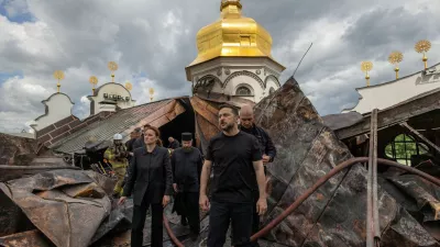 Ukraine's President Volodymyr Zelenskiy and Ukrainian Prime Minister Yulia Svyrydenko visit the Dormition Cathedral of the Kyiv Pechersk Lavra, which was hit during Russian missile and drone strikes, amid Russia's attack on Ukraine, in Kyiv, Ukraine June 15, 2026. Ukrainian Presidential Press Service/Handout via REUTERS ATTENTION EDITORS - THIS IMAGE HAS BEEN SUPPLIED BY A THIRD PARTY.    TPX IMAGES OF THE DAY